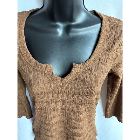 Culture Code Brown Textured Crinkled 3/4 Sleeve Top Shirt Basics Essential S - Picture 2 of 9